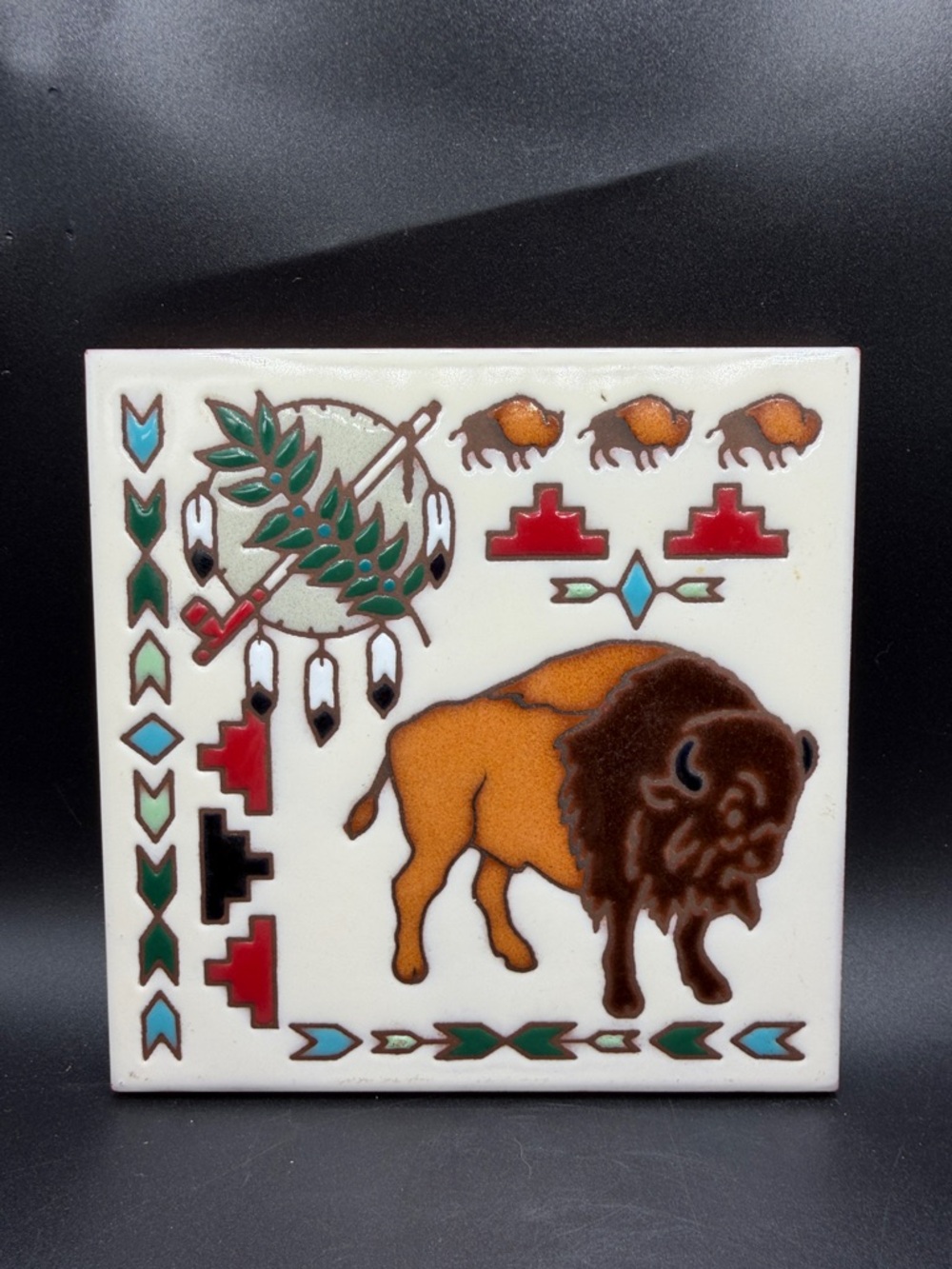 Southwestern Ceramic Buffalo Wall Tile in Brown & Orange
